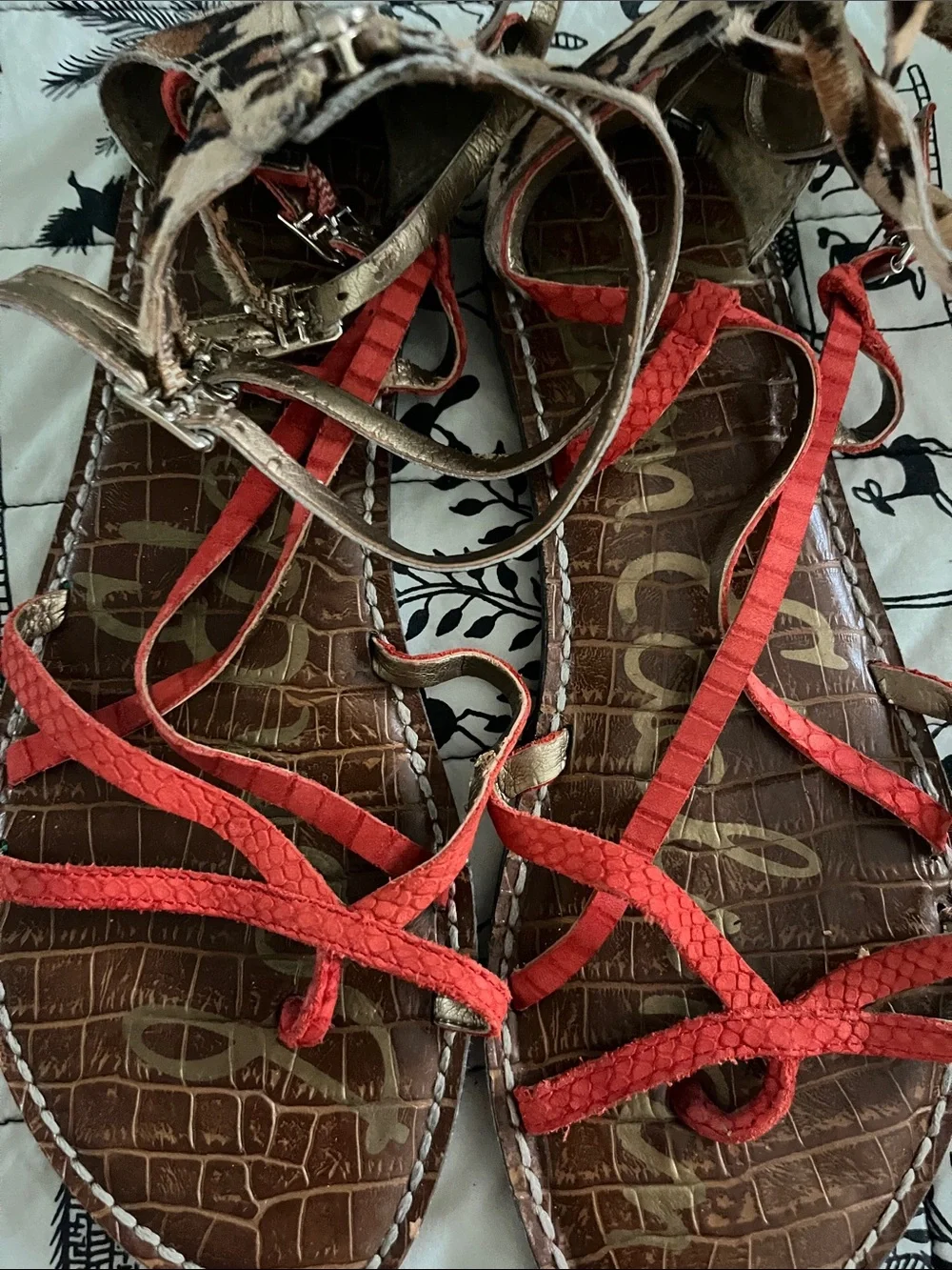 Sam Edelman Red Strappy Sandals with Leopard Accent